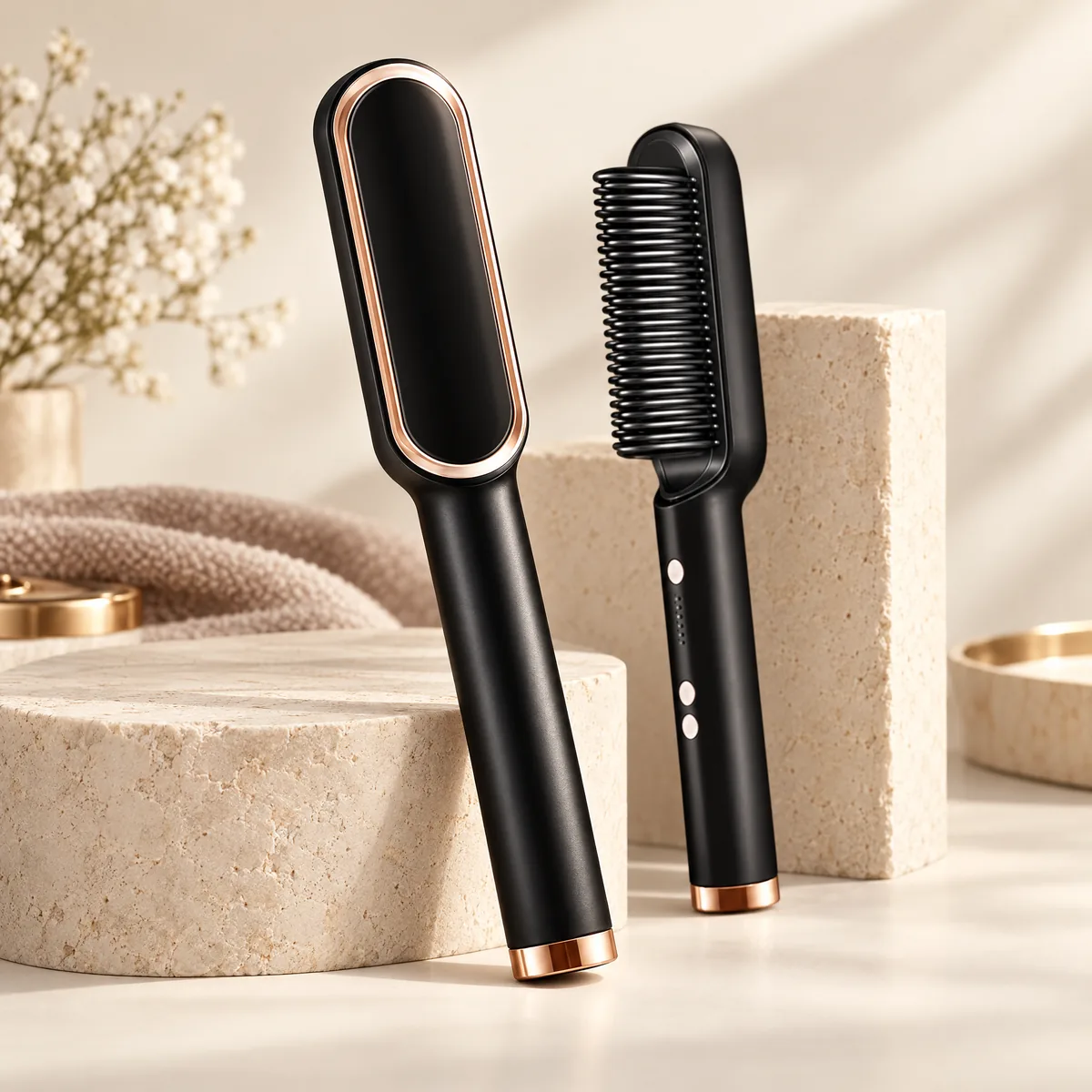 Escova alisadora elétrica preta com detalhes rose gold